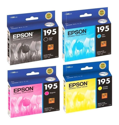 Imagen 1 de 10 de Pack X4 Tinta Epson Colores Original 195 T195 Xp201 Xp211