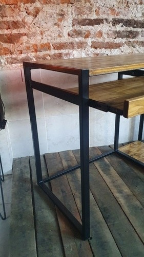 Imagen 3 de 10 de Mesa Pc Industrial Hierro Y Madera + Bandeja Teclado 100x50