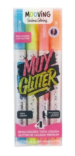 Resaltadores Mooving Muy Glitter X 4 Colores Tinta Liquida