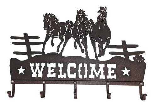 Placa Country Decorativa Com Pendurador Welcome Com Cavalos