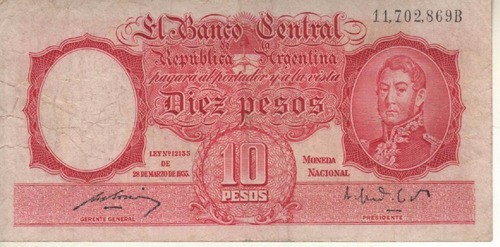 Bottero 1940 - Billete De 10 Pesos Mon. Nac. Año 1950 - B+