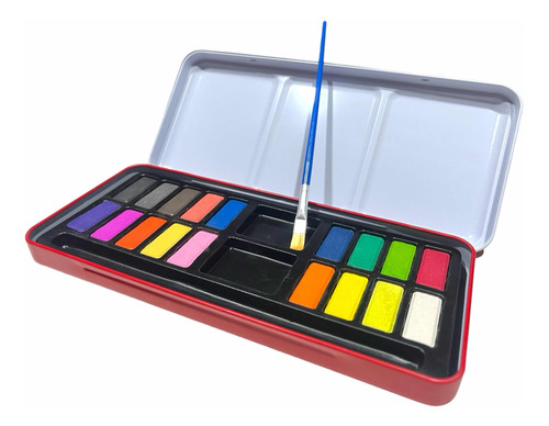 Kit De Pintura Acuarela Solida 18 Colores+ Pincel Caja Metal
