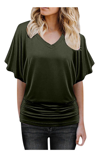 Camiseta Con Cuello En V A La Moda Para Mujer, Blusa Con Man