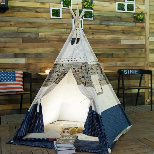 Tienda Teepee Infantil Con Patrón De Estrellas | Carpa De Juego De Algodón Con Cortina Y Tragaluz, Medidas 80x80x110 Cm | Incluye Borlas, Ideal Para Dormitorio O Sala De Juegos