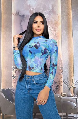 Blusa Corta Crop Top Estampadas En Velo Modernas Manga Larga