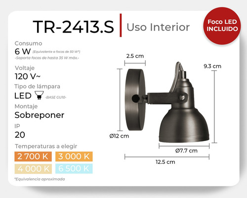 Lámpara De Pared O Techo Dirigible 1 Spots Tr-2413 6w Estructura Acero