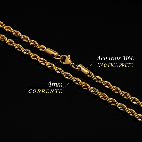 Conjunto Cordão Baiano Masculino 4mm Ouro Cj-167 Aço Inox