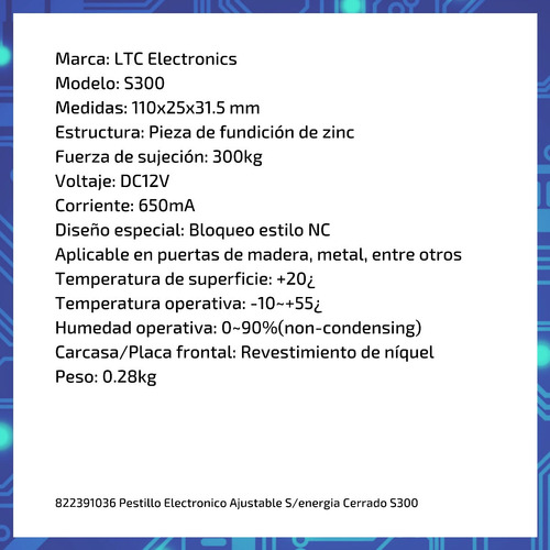 Imagen 6 de 10 de Pestillo Electronico Ajustable S/energia Cerrado S300
