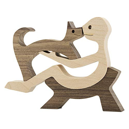 Escultura De Madera De Familia De Perro Y Gato