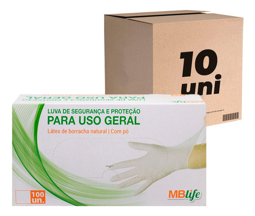 10cx Luva Látex Com Pó Descartável Procedimento Mblife Cor Branco Tamanho M