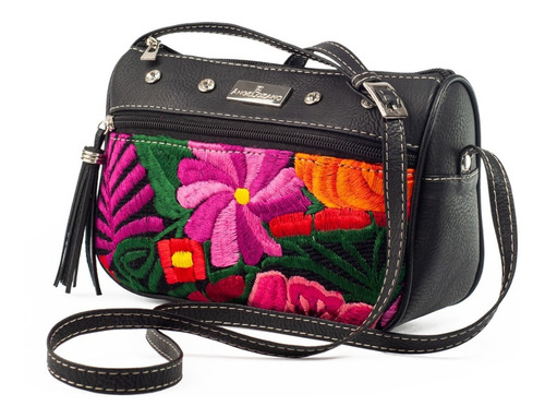 Bolsa Para Dama Telar Artesanal Flores Bolso Mujer Moda Color Negro Diseño de la tela Tila Flores