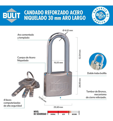 Imagen 2 de 4 de Candado Bulit Reforzado Acero Niquelado N° 30 Aro Largo