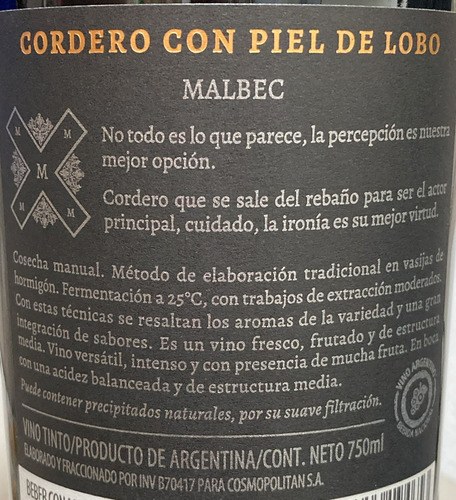 Vino Cordero Con Piel De Lobo Malbec 750ml - Mosquita Muerta