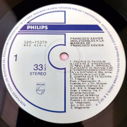 Inolvidables A La Manera De Francisco Xavier Insert Lp