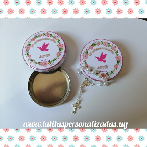 Latita Souvenir Con Minirosario Para Bautismo O Comunión