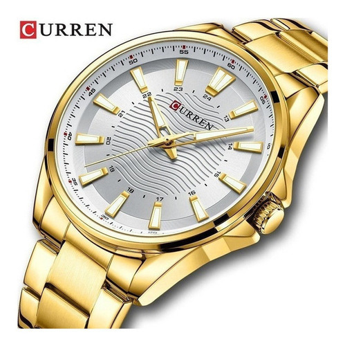 Relógio de pulso Curren 8424 com corpo prateado,  analogica, para masculino, fundo  branco, com correia de aço inoxidável cor dourado e fivela simples