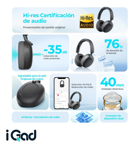 Audífonos Bluetooth 5.3 Igad Hi-res Inalámbricos Diadema Cancelación De Ruido Con Micrófono Y Cable Tipo C Negro