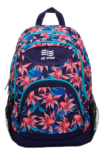 Set 3 Mochila Escolar Lonchera Y Lapicera Niña Flores Azul Color Azul marino Diseño de la tela Estampado
