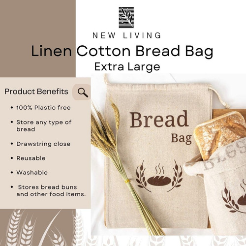 Bolsa De Pan De Lino Orgánico Extra Grande 100% Reutilizable