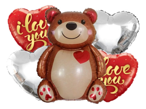 Set Globos Metalizados Oso Gigante Corazon Plata X 5pzas