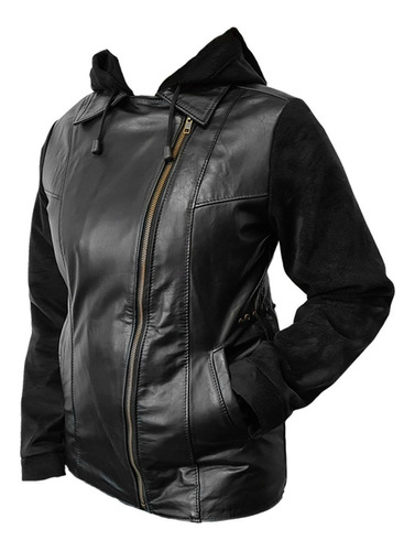 Campera De Cuero Mujer Combinada Con Cuero Gamuzado Capucha