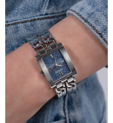 Reloj Mujer Guess Mod Id De Pulsera Correa Plateado Bisel Plateado Fondo Azul