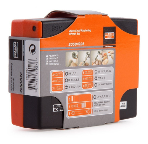 Set Juego Bahco Tubo Hexagonal Bocallave Torx Allen Philips Plano Crique 26 Piezas Encastre 1/4'' En Estuche