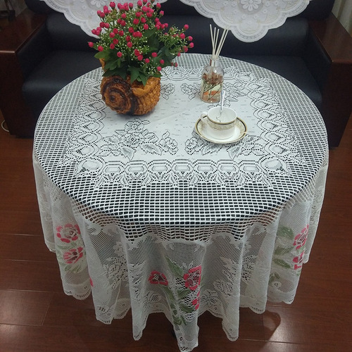 Mantel Redondo De Encaje En Forma De C, Blanco, A Mano, Con