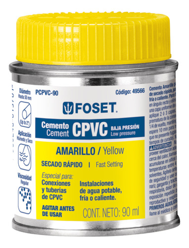 Cemento Amarillo Para Cpvc En Bote 90ml Baja Presión Foset