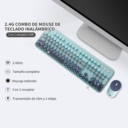 Kit Teclado y Mouse Inalámbrico FD EK8870 USB para Laptop Pc en Color Azul Índigo Idioma Inglés US QWERTY