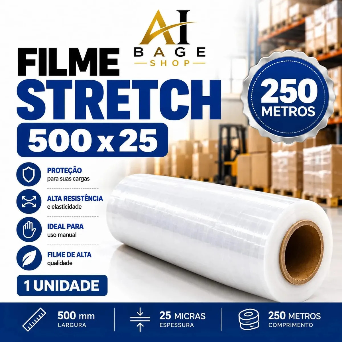 Filme Stretch C/tubete 3kg Transparente 500x25 250m Bagé Shop