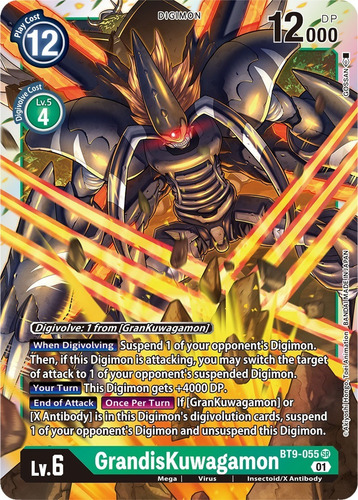 Grandis Kuwagamon Bt9-055 Digimon Card Game + 10 Cartas