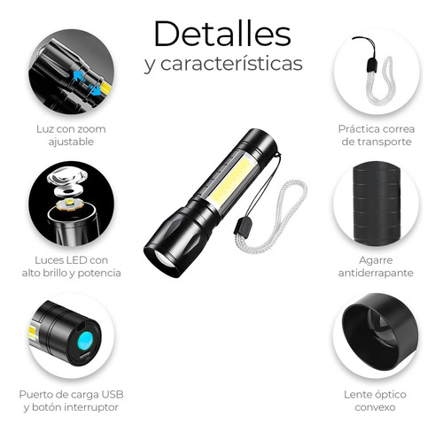 Lampara Tactica Recargable Led 2000l Con Zoom Y Linterna 5pc