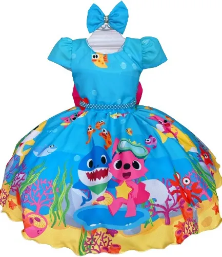 Vestido Infantil Baby Shark Brincando Fundo Mar Pink C La o
