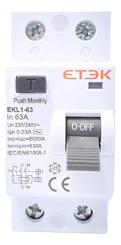 Interruptor Diferencial Bipolar Idr 63a Rccb 6ka 1 Polo + N Bipolar Termomagnético 30ma 1p+n Tipo Ac Etek