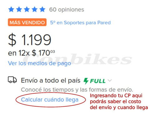 Imagen 9 de 9 de Gancho Soporte Bicicleta Pared Al Pedal + Soporte Ruedas
