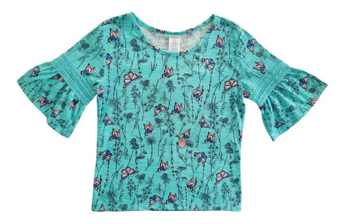 Blusa Niña Turquesa 10 A 12 Años Mariposas + Collar 