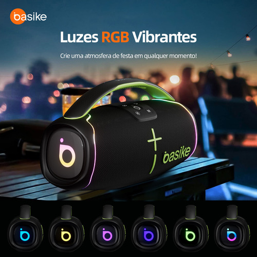 Caixa de Som Portátil Bluetooth, Subwoofer Ativo, Estéreo Hifi, Bombox, com Rgb, Tws 1+1, Bateria 6 Horas, Bluetooth 5.3, Ipx6, Powerbank para Telefones Celulares, Cor Preto