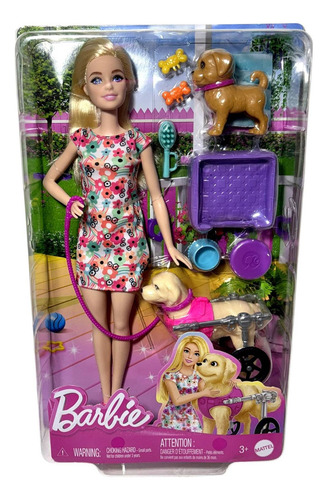 Conjunto Passeio Caminhada Com Animais De Estimação - Boneca Menina Barbie Loira E Animal Cão Cachorro Cachorrinho Labrador Cadeira De Rodas Com Acessórios Pet - Mattel Brinquedos