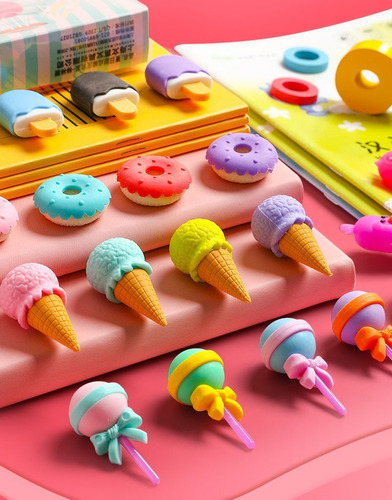 4 Cajas 16pz Gomas Borrador Kawaii Varias Formas Papeleria
