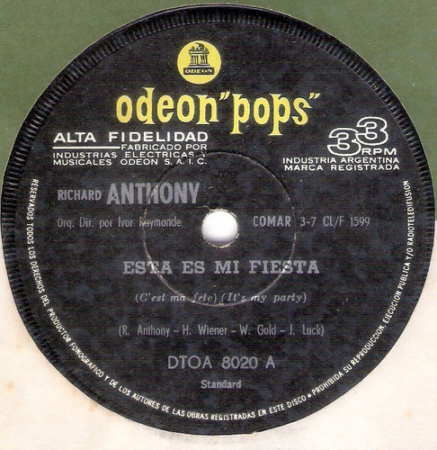 Richard Anthony: Esta Es Mi Fiesta / 33 Simple Odeon Pops