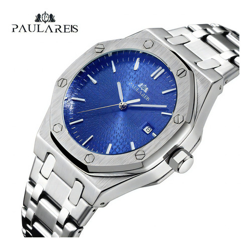 Reloj Mecánico Con Calendario Impermeable Paulareis Para Hom Color Del Fondo Plateado/azul