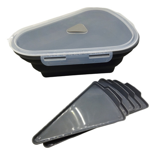 Pote Porta Pizza Em Silicone Retrátil Com Divisória 5 Fatias Cor Preto