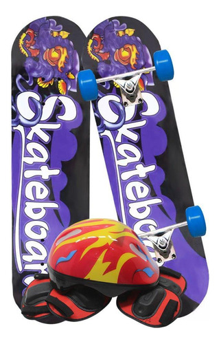 Skate Infantil Estampado Roxo Kit Equipamentos De Proteção