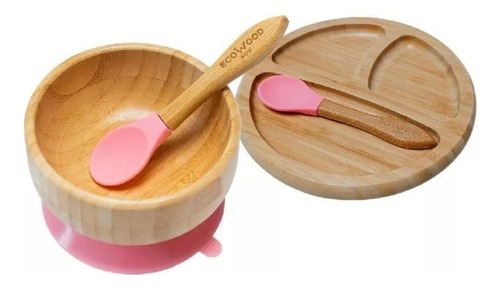 Plato Para Bébé Y Bowl De Bambú Antiderrapante + Cubiertos Color Rosa Liso