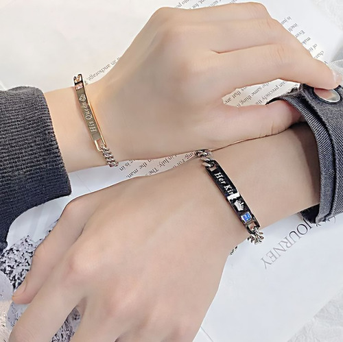 Pulseras Parejas Novios Enamorados Rey Reina Acero Inoxidabl Color Plateado Largo 21 Cm