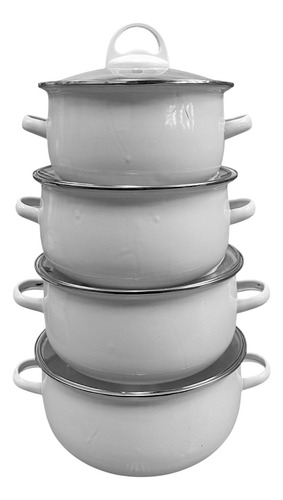 Set De 4 Cacerolas Enlozadas De Acero Vintage Con Asas Tapa Blanco
