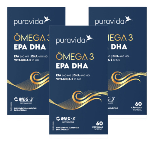 Kit 3 Ômega 3 Rico Epa E Dha Vitamina E Certificado Puravida Sabor Sem Sabor