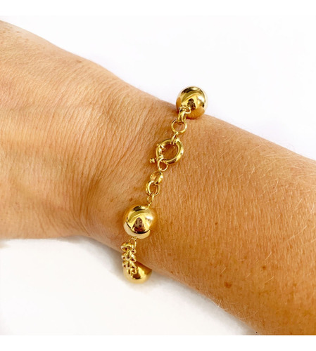 Pulseira Feminina Com Bolas 9mm Polida Em Ouro 18k