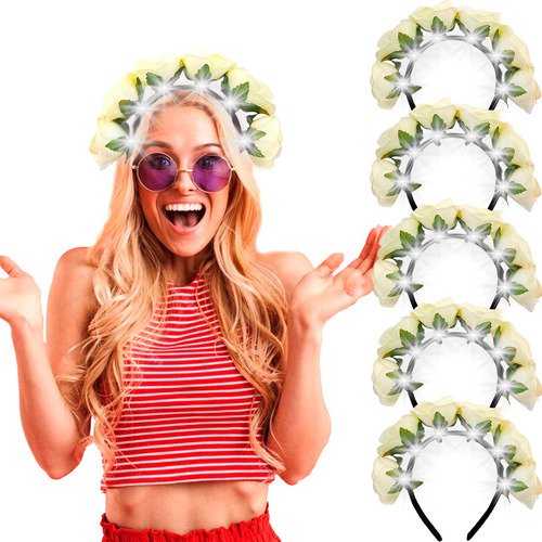 5 Vincha Luz Led Flores Tela Corona Hawaiana Primavera Quinc